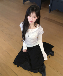 【SET】レースレイヤード半袖ニット＋シンプル長袖トップス IVORY