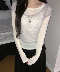 【SET】レースレイヤード半袖ニット＋シンプル長袖トップス IVORY