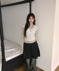 【SET】レースレイヤード半袖ニット＋シンプル長袖トップス BEIGE