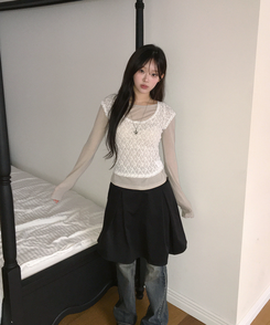 【SET】レースレイヤード半袖ニット＋シンプル長袖トップス BEIGE