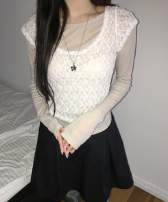 【SET】レースレイヤード半袖ニット＋シンプル長袖トップス BEIGE