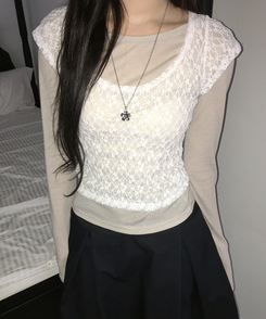 【SET】レースレイヤード半袖ニット＋シンプル長袖トップス BEIGE