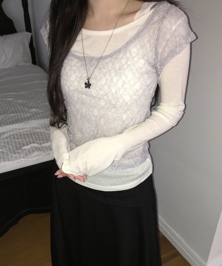 【SET】レースレイヤード半袖ニット＋シンプル長袖トップス IVORY