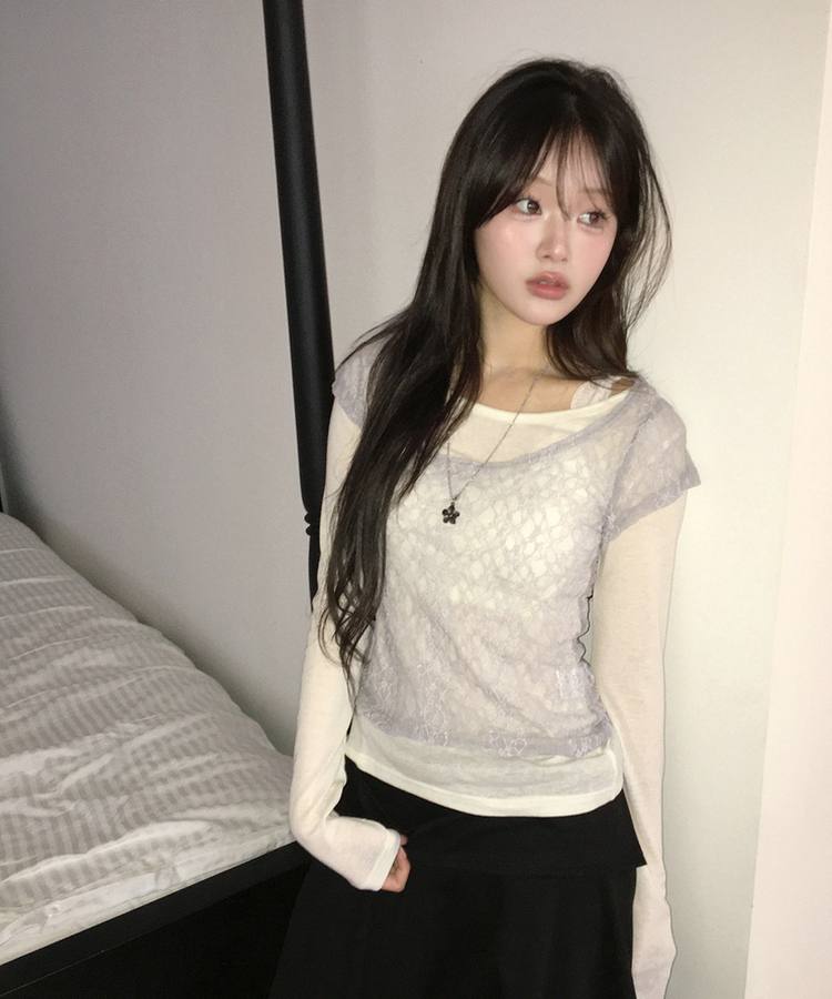 【SET】レースレイヤード半袖ニット＋シンプル長袖トップス IVORY