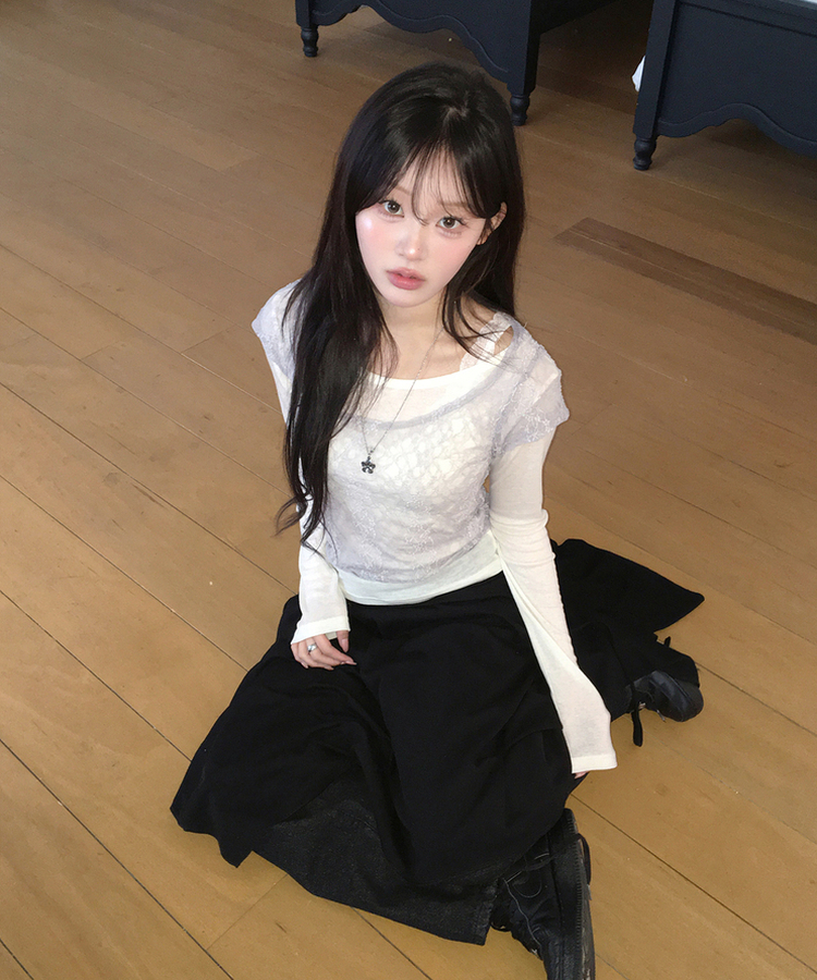 【SET】レースレイヤード半袖ニット＋シンプル長袖トップス IVORY