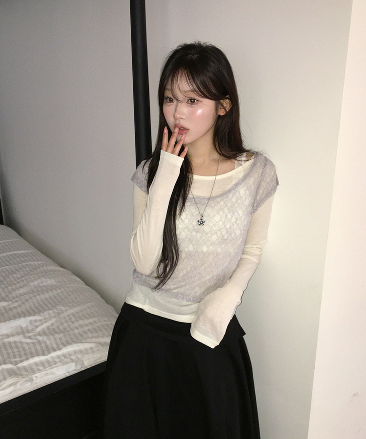 【SET】レースレイヤード半袖ニット＋シンプル長袖トップス IVORY