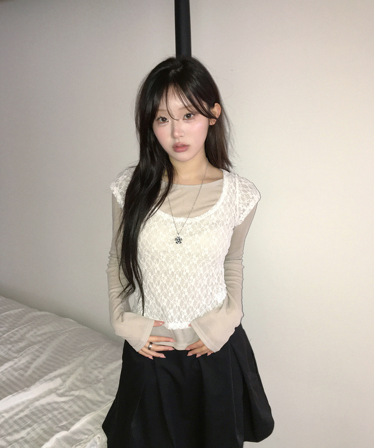 【SET】レースレイヤード半袖ニット＋シンプル長袖トップス BEIGE