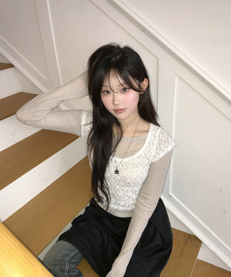 【SET】レースレイヤード半袖ニット＋シンプル長袖トップス BEIGE