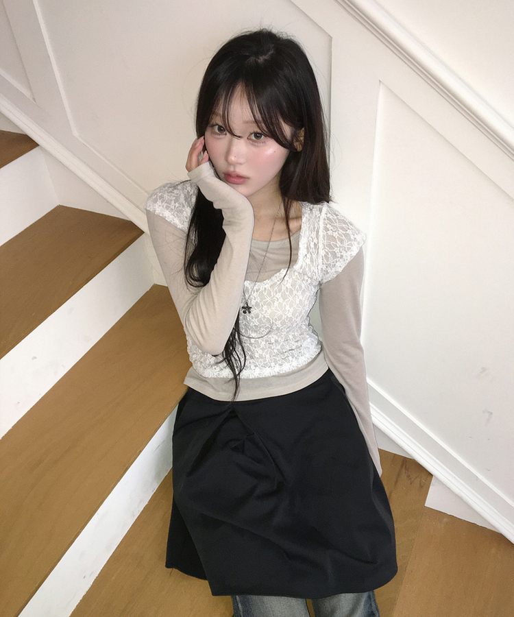 【SET】レースレイヤード半袖ニット＋シンプル長袖トップス BEIGE