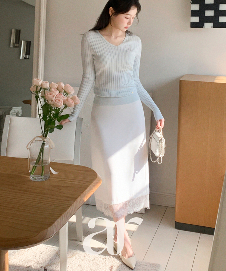 （華奢見え／フェミニンムード♥）レースレイヤード Hライン ロングスカート IVORY