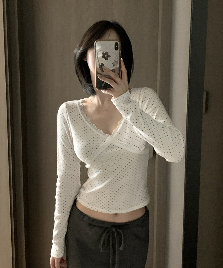 ドットレース長袖ラTシャツ IVORY