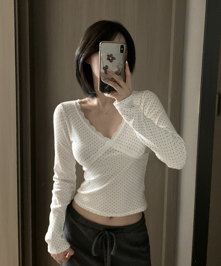 ドットレース長袖ラTシャツ IVORY