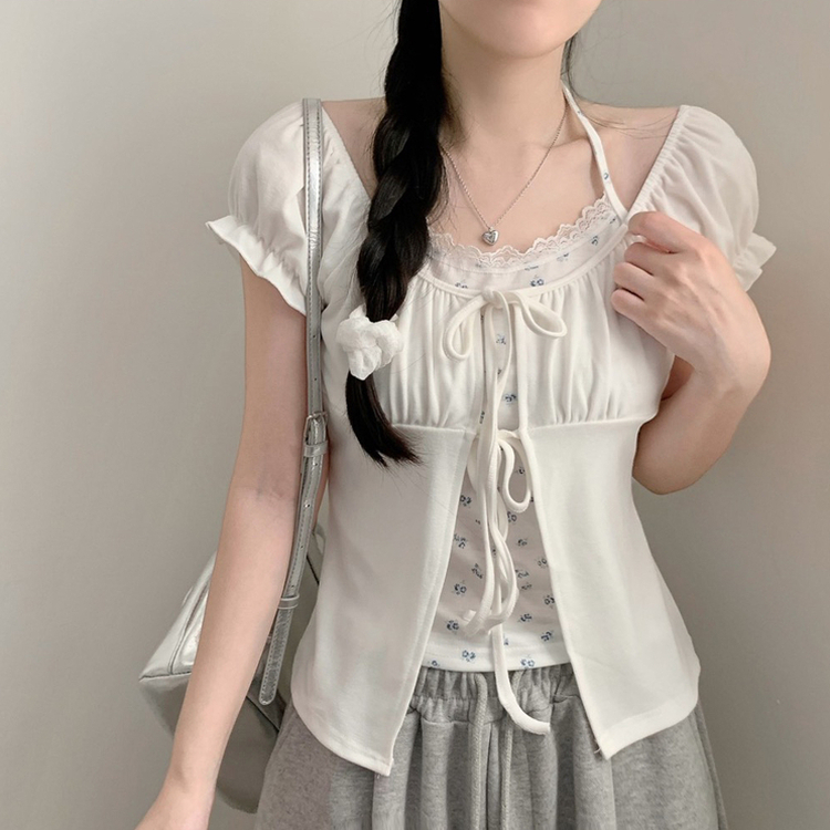 블루꽃 레이스 홀터넥 레이어드 퍼프 셔링 반팔 가디건 반팔티 상의 여름 여름옷 화이트