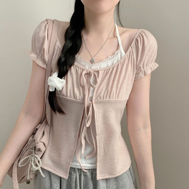 블루꽃 레이스 홀터넥 레이어드 퍼프 셔링 반팔 가디건 반팔티 상의 여름 여름옷 핑크