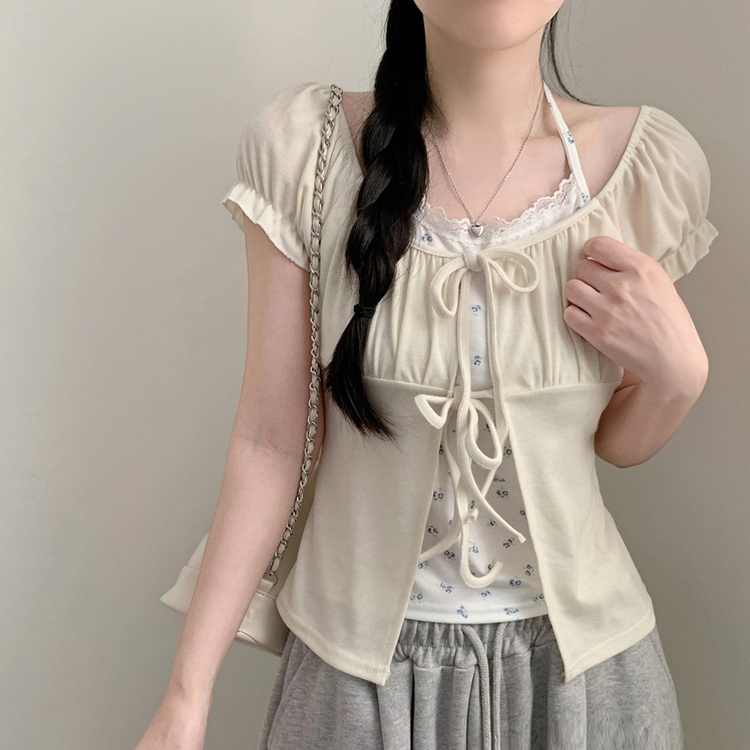 블루꽃 레이스 홀터넥 레이어드 퍼프 셔링 반팔 가디건 반팔티 상의 여름 여름옷 베이지