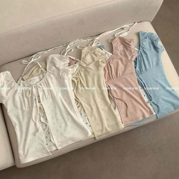 블루꽃 레이스 홀터넥 레이어드 퍼프 셔링 반팔 가디건 반팔티 상의 여름 여름옷