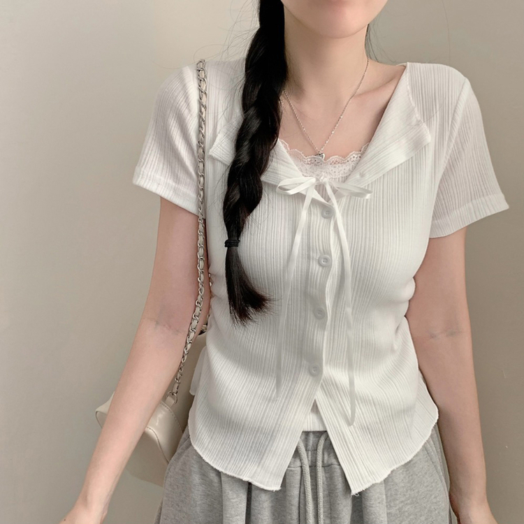 메리 반팔 레이스 리본 골지 상의 가디건 트임 허리잘록 셔링 레이어드 여름 여름옷 봄옷 아이보리