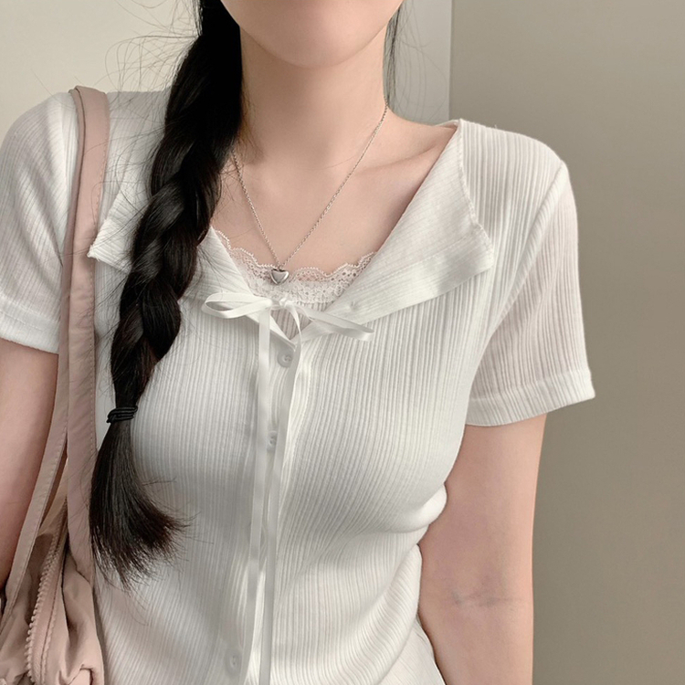 메리 반팔 레이스 리본 골지 상의 가디건 트임 허리잘록 셔링 레이어드 여름 여름옷 봄옷 아이보리