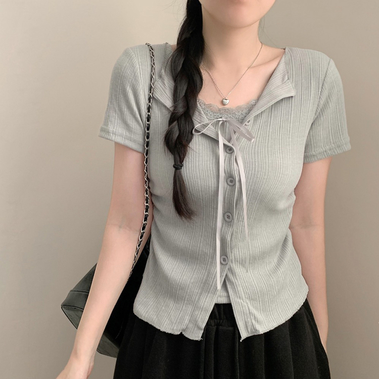 메리 반팔 레이스 리본 골지 상의 가디건 트임 허리잘록 셔링 레이어드 여름 여름옷 봄옷 그레이
