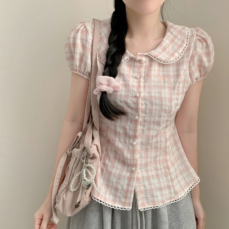 핑크 체크 자수 둥근 카라넥 레이스 카라 에겐 소녀 모리걸 허리끈 리본 반팔 블라우스 셔츠 러블리 핑크