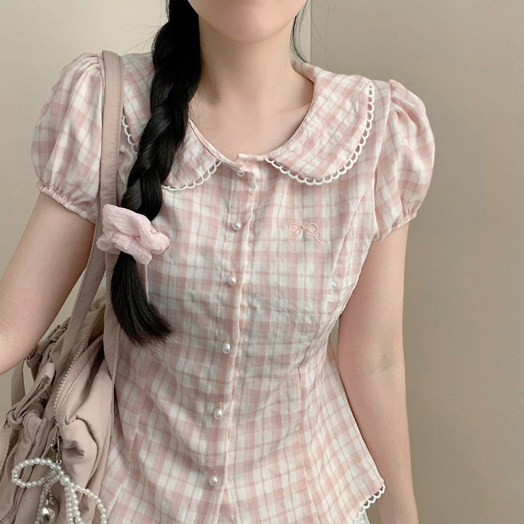 핑크 체크 자수 둥근 카라넥 레이스 카라 에겐 소녀 모리걸 허리끈 리본 반팔 블라우스 셔츠 러블리 핑크
