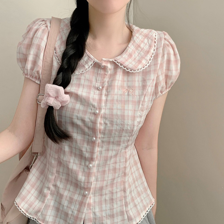 핑크 체크 자수 둥근 카라넥 레이스 카라 에겐 소녀 모리걸 허리끈 리본 반팔 블라우스 셔츠 러블리 핑크
