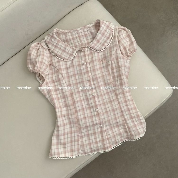 핑크 체크 자수 둥근 카라넥 레이스 카라 에겐 소녀 모리걸 허리끈 리본 반팔 블라우스 셔츠 러블리