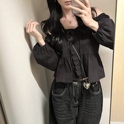 オフショルフリル長袖ブラウス BLACK