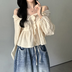 オフショルフリル長袖ブラウス CREAM