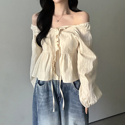 オフショルフリル長袖ブラウス CREAM