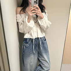 オフショルフリル長袖ブラウス IVORY