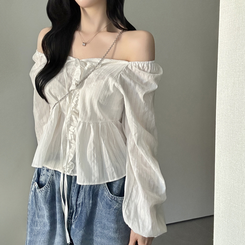 オフショルフリル長袖ブラウス IVORY