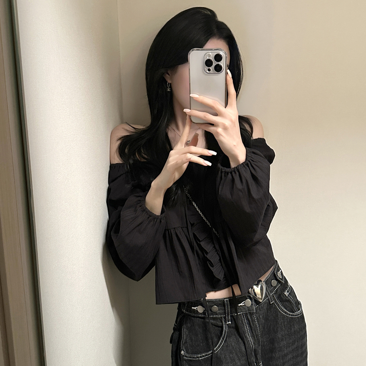 オフショルフリル長袖ブラウス BLACK