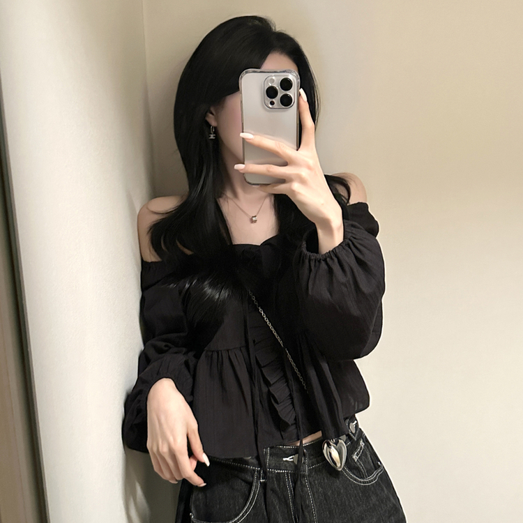 オフショルフリル長袖ブラウス BLACK