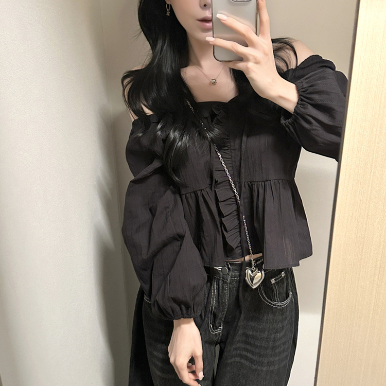 オフショルフリル長袖ブラウス BLACK