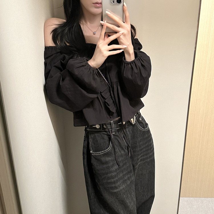 オフショルフリル長袖ブラウス BLACK