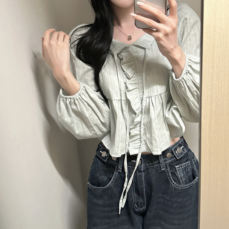 オフショルフリル長袖ブラウス MINT