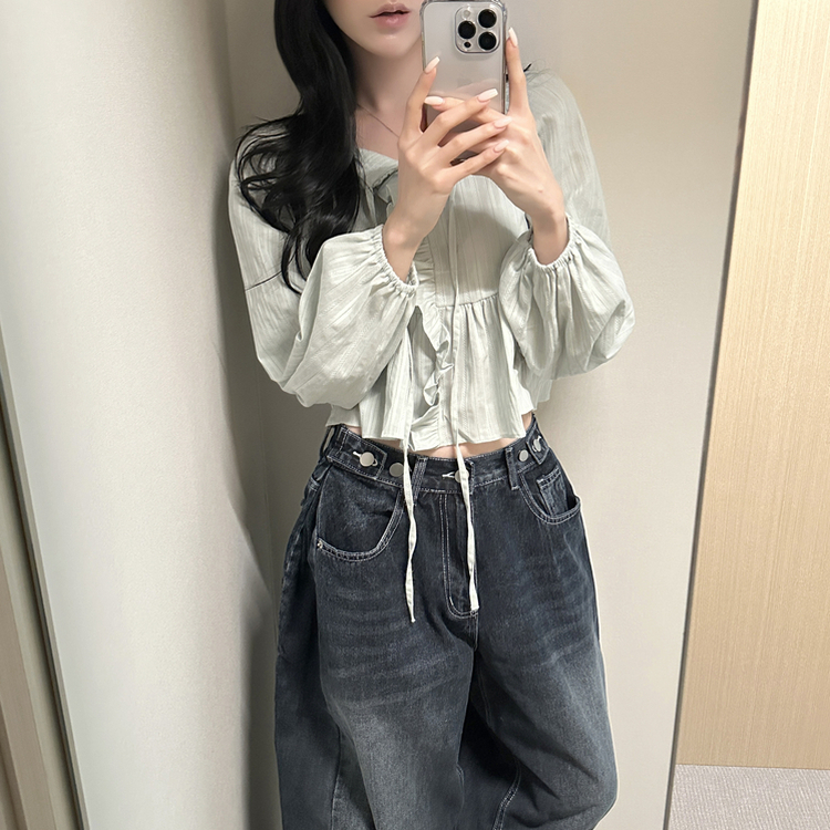 オフショルフリル長袖ブラウス MINT