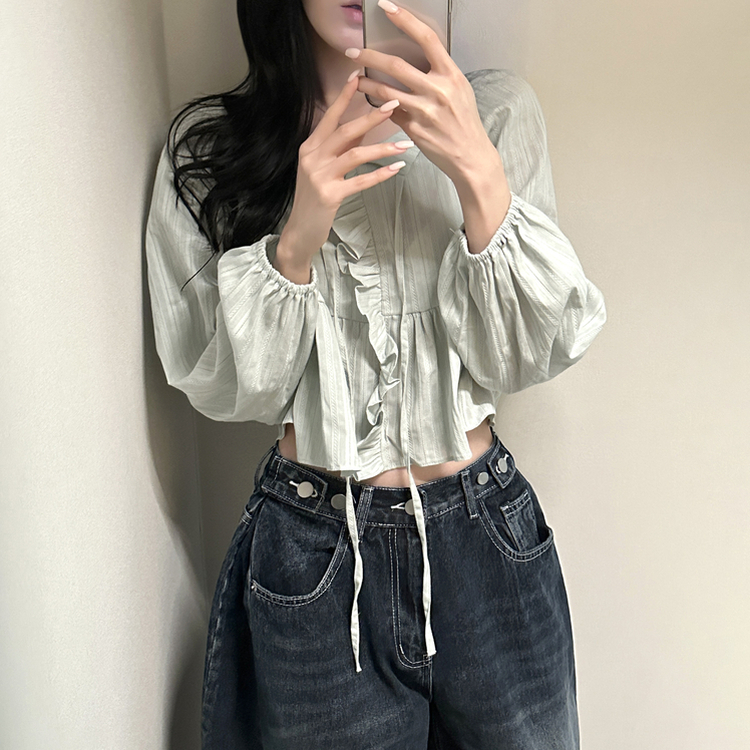 オフショルフリル長袖ブラウス MINT