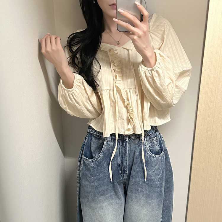 オフショルフリル長袖ブラウス CREAM