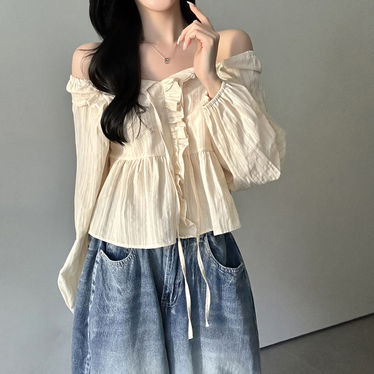 オフショルフリル長袖ブラウス CREAM