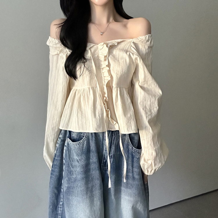 オフショルフリル長袖ブラウス CREAM