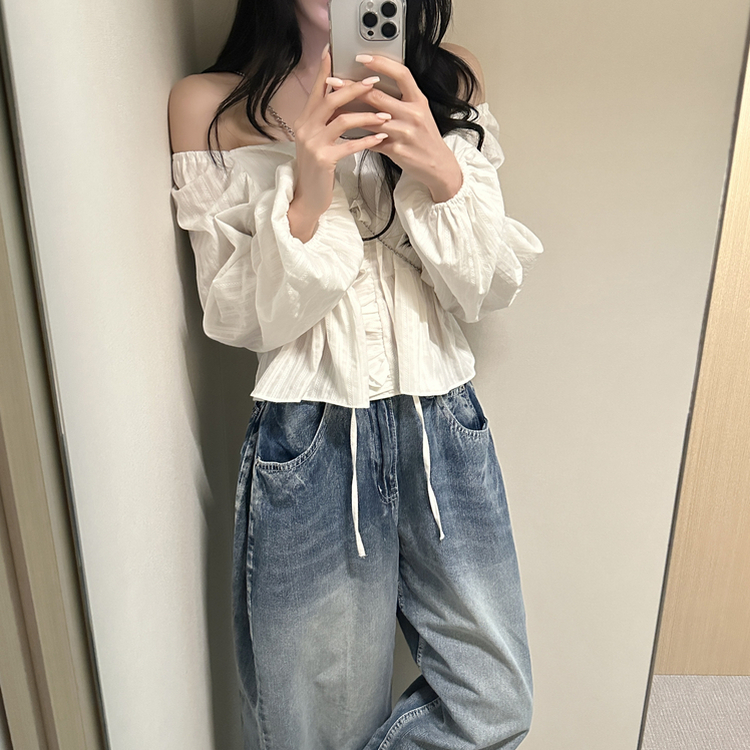 オフショルフリル長袖ブラウス IVORY