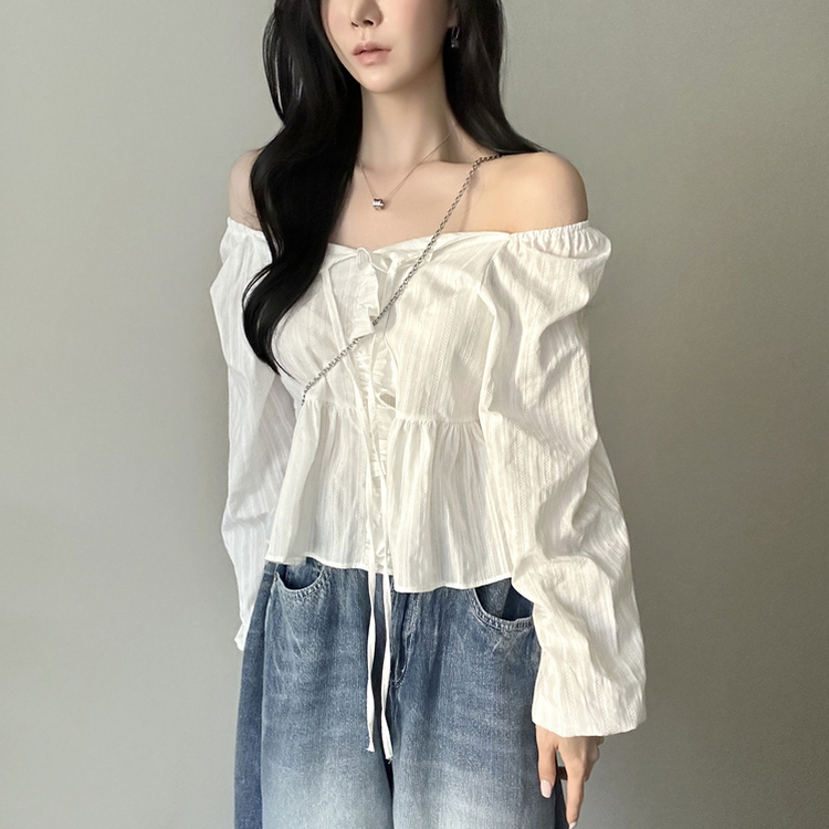 オフショルフリル長袖ブラウス IVORY