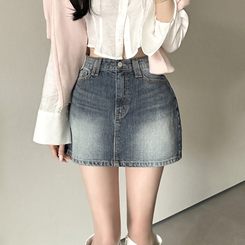 ウォッシュポケットデニムミニスカート DEEP DENIM