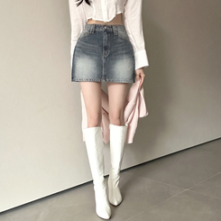 ウォッシュポケットデニムミニスカート DEEP DENIM