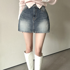 ウォッシュポケットデニムミニスカート DEEP DENIM