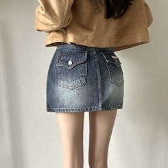 ウォッシュポケットデニムミニスカート DEEP DENIM