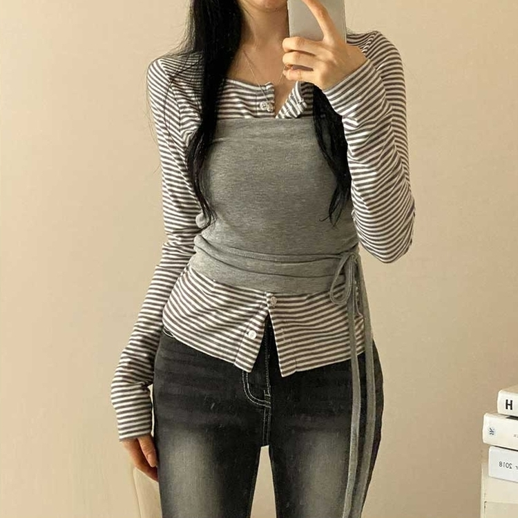 【SET】ボーダーカーディガン シアリングラップトップ MERANGE GRAY