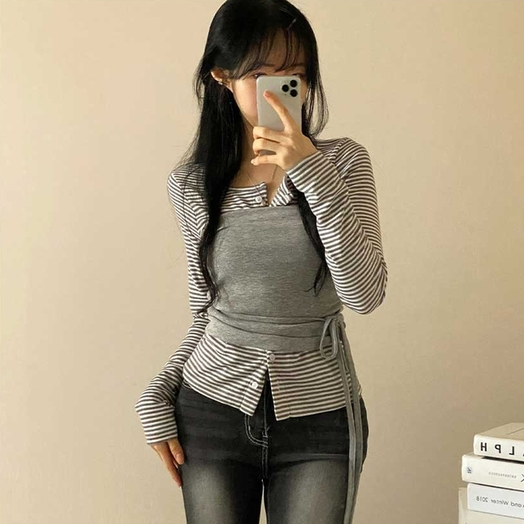 【SET】ボーダーカーディガン シアリングラップトップ MERANGE GRAY